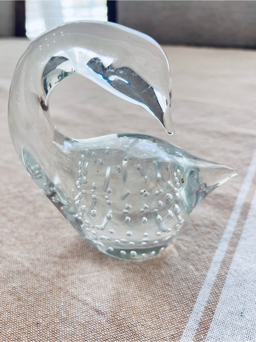 Clear Blown Glass Swan Figurine Paperweight Bubbles Contemporary Art 4.5” tall